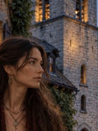 Mujer con chal caminando al anochecer por un pueblo de piedra de montaña, con la torre de la iglesia iluminada al fondo