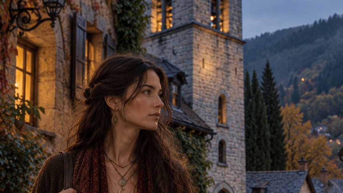 Mujer con chal caminando al anochecer por un pueblo de piedra de montaña, con la torre de la iglesia iluminada al fondo