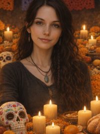 Mujer frente a una ofrenda de Día de los Muertos con cempasúchil, velas y calaveritas