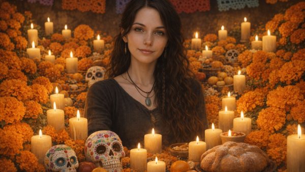 Mujer frente a una ofrenda de Día de los Muertos con cempasúchil, velas y calaveritas