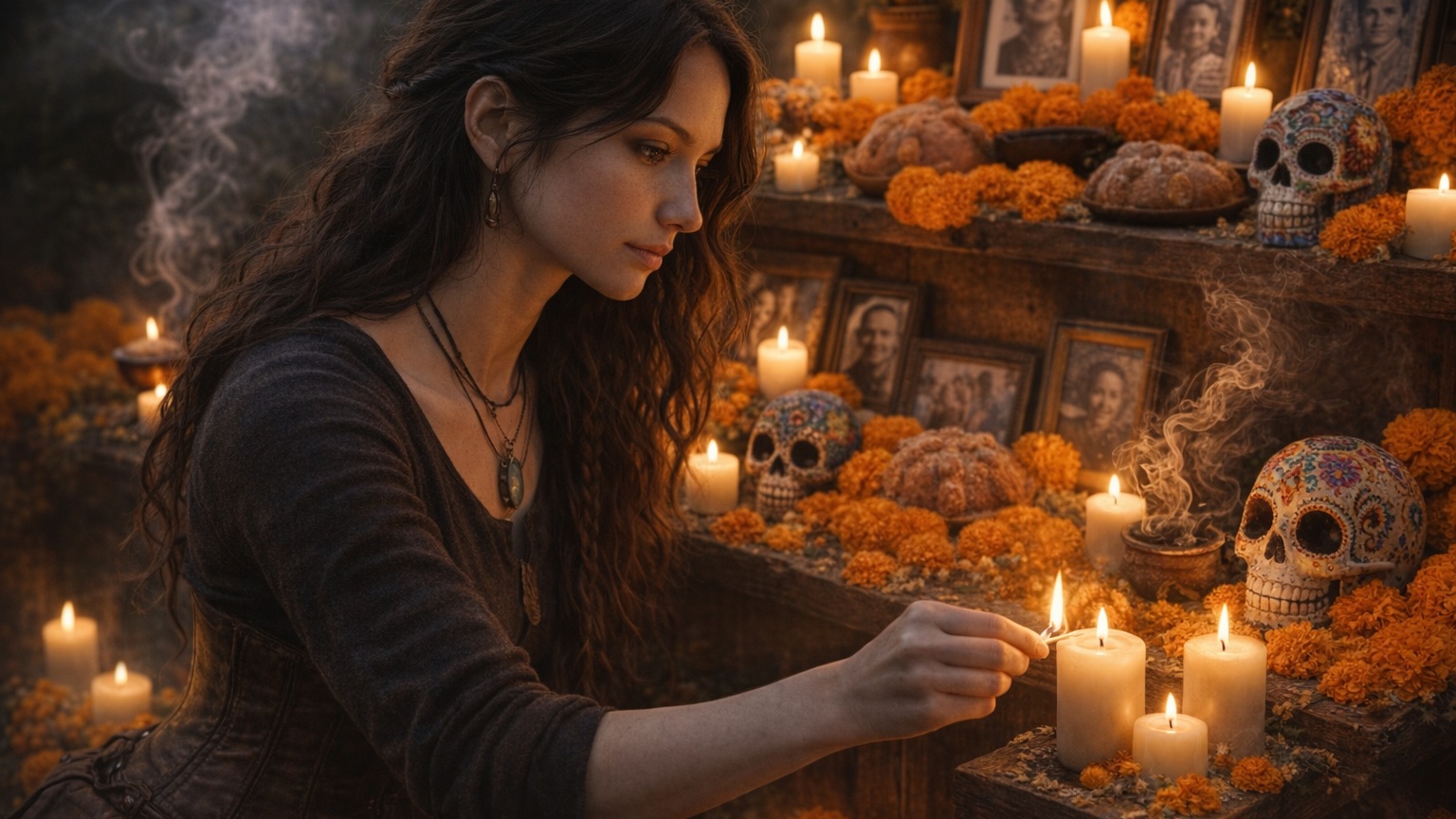 Mujer encendiendo una vela en una ofrenda de Día de los Muertos
