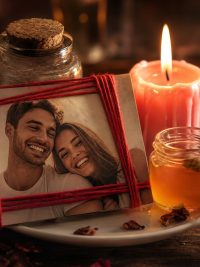 Fotografia de una pareja atada con hilo rojo junto a una vela rosa y miel para hechizos de amor