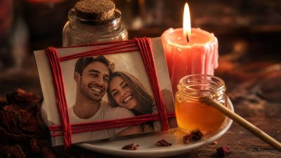 Fotografia de una pareja atada con hilo rojo junto a una vela rosa y miel para hechizos de amor