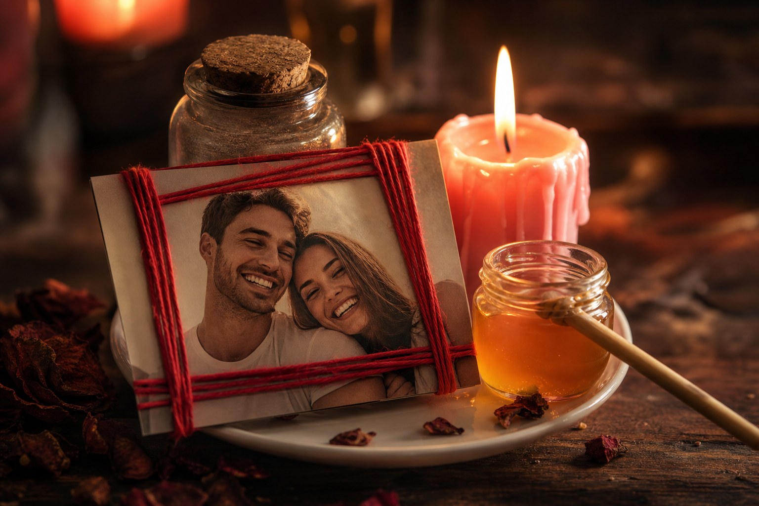 Fotografia de una pareja atada con hilo rojo junto a una vela rosa y miel para hechizos de amor
