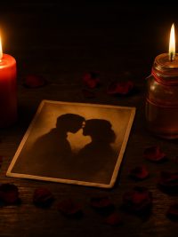 Dos velas rojas frente a frente con una foto antigua de una pareja, hilo rojo y miel para hechizos de amor para que vuelva