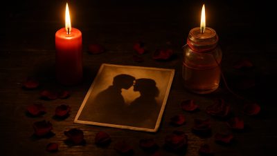 Dos velas rojas frente a frente con una foto antigua de una pareja, hilo rojo y miel para hechizos de amor para que vuelva