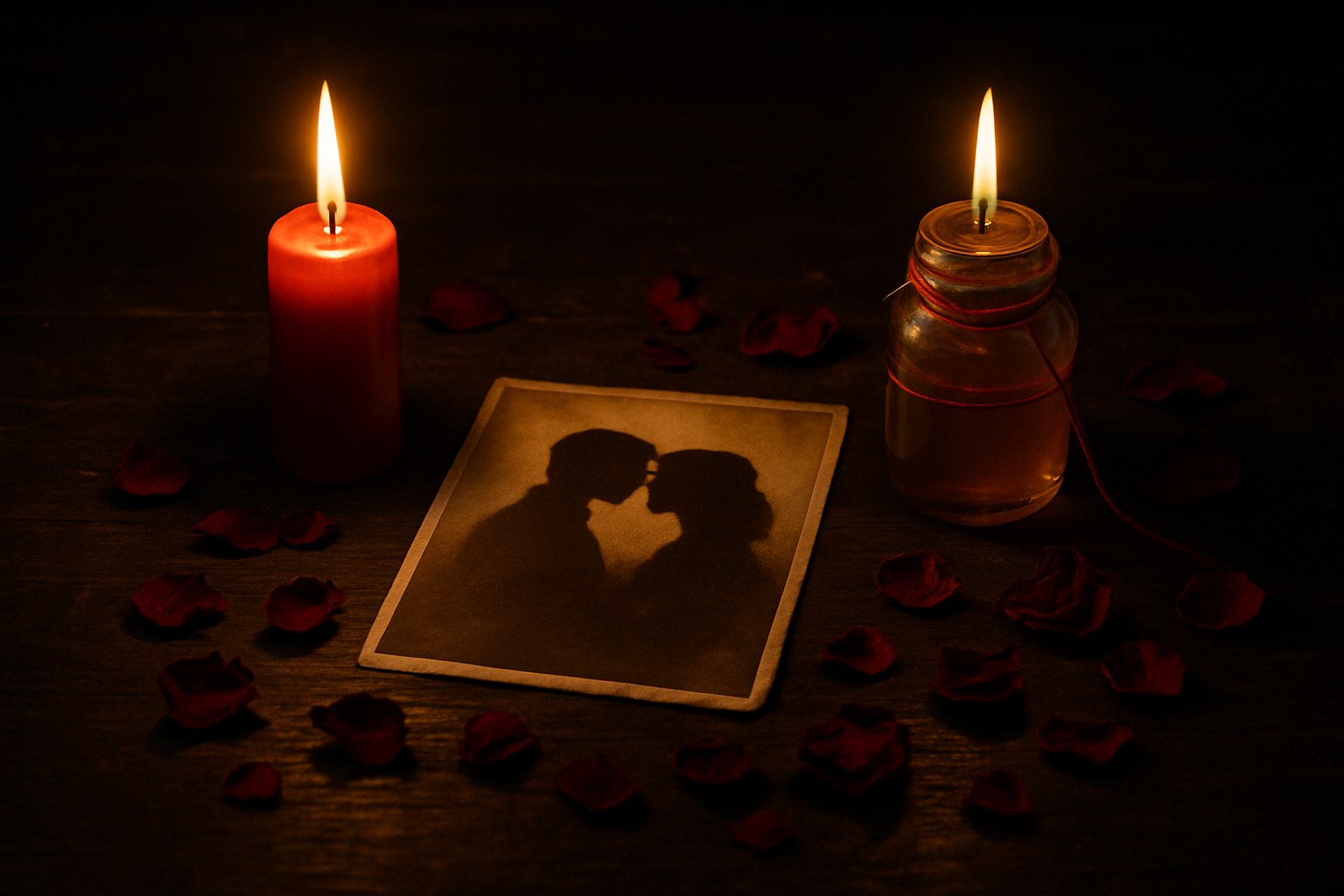 Dos velas rojas frente a frente con una foto antigua de una pareja, hilo rojo y miel para hechizos de amor para que vuelva