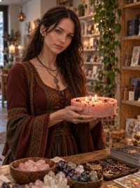 Mujer sosteniendo una vela rosa con petalos para hechizos de amor