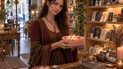Mujer sosteniendo una vela rosa con petalos para hechizos de amor
