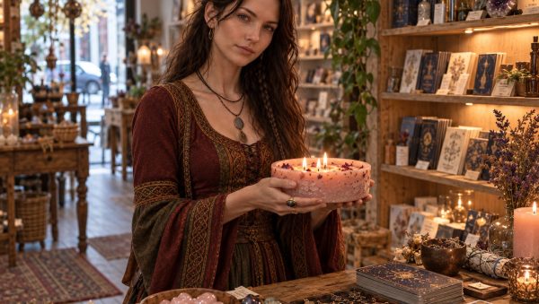 Mujer sosteniendo una vela rosa con petalos para hechizos de amor