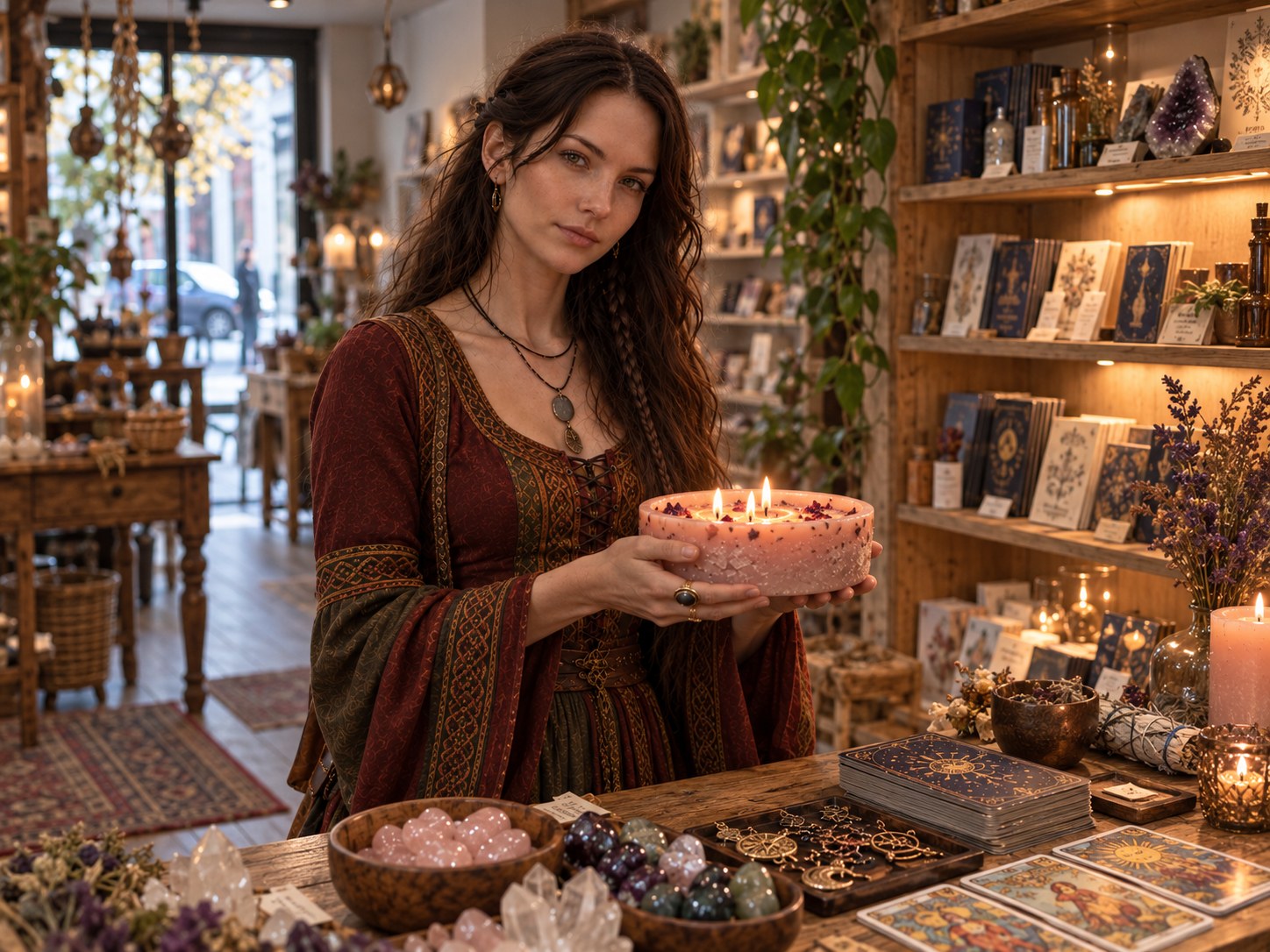 Mujer sosteniendo una vela rosa con petalos para hechizos de amor