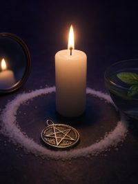Vela blanca dentro de un circulo de sal con espejo, amuleto y cuenco de agua con albahaca para proteccion contra las malas energias