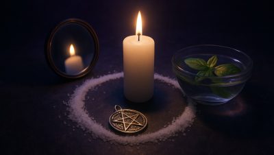 Vela blanca dentro de un circulo de sal con espejo, amuleto y cuenco de agua con albahaca para proteccion contra las malas energias