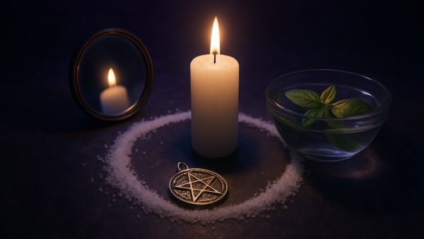 Vela blanca dentro de un circulo de sal con espejo, amuleto y cuenco de agua con albahaca para proteccion contra las malas energias