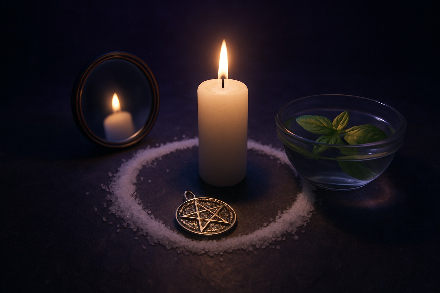 Vela blanca dentro de un circulo de sal con espejo, amuleto y cuenco de agua con albahaca para proteccion contra las malas energias