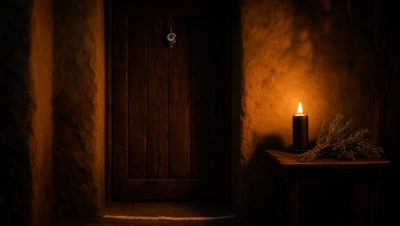 Puerta de casa con linea de sal en el umbral, vela negra y romero seco para hechizos de proteccion para la casa