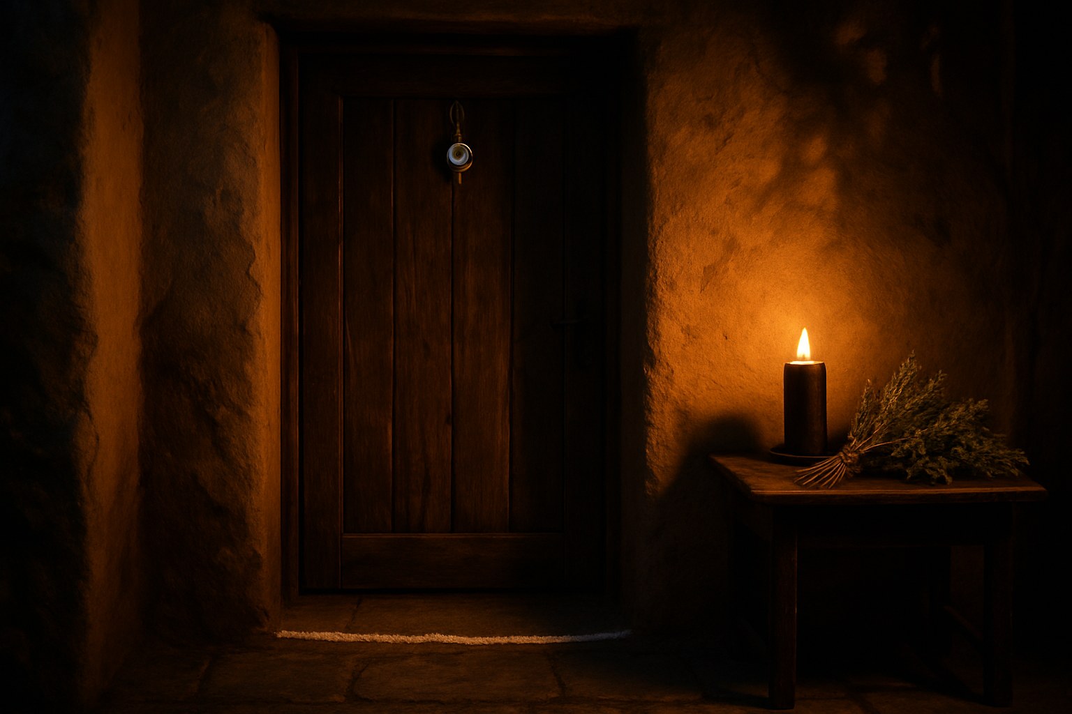 Puerta de casa con linea de sal en el umbral, vela negra y romero seco para hechizos de proteccion para la casa