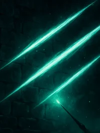 Ilustración oscura de tres cortes de luz mágica verde-esmeralda en una pared de piedra gótica, evocando el hechizo Sectumsempra