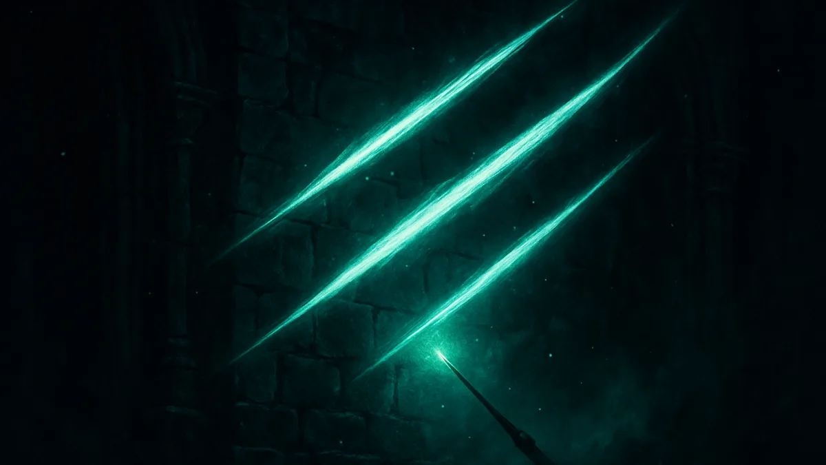 Ilustración oscura de tres cortes de luz mágica verde-esmeralda en una pared de piedra gótica, evocando el hechizo Sectumsempra